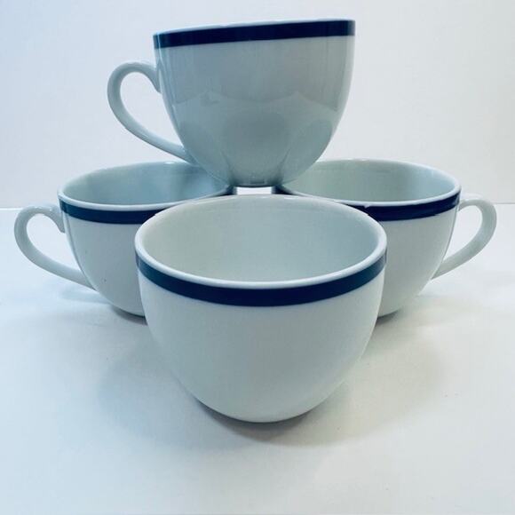 Williams-Sonoma Flat Cup Brasserie Blue Set of 4 White w/Blue Band Japan - Picture 2 of 14
